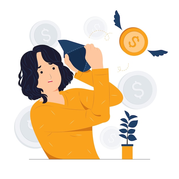 Concept illustration of Unhappy sad poor woman holding open empty wallet with no pocket money flat cartoon style