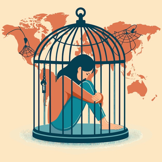 Vector concept illustration of woman in cage justice for freedom