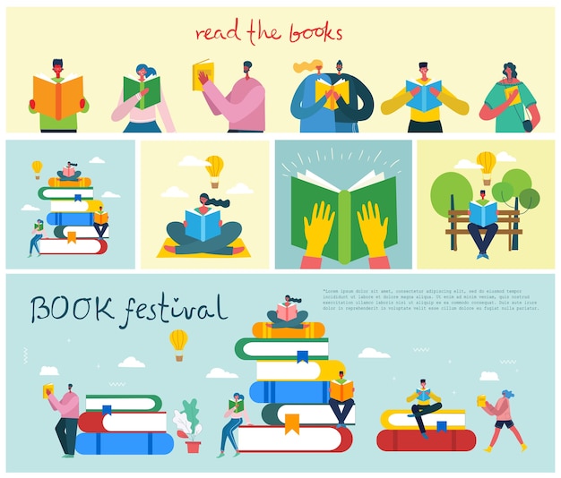 Concept illustrations of World Book Day, Reading the books and Book festival in the flat style.