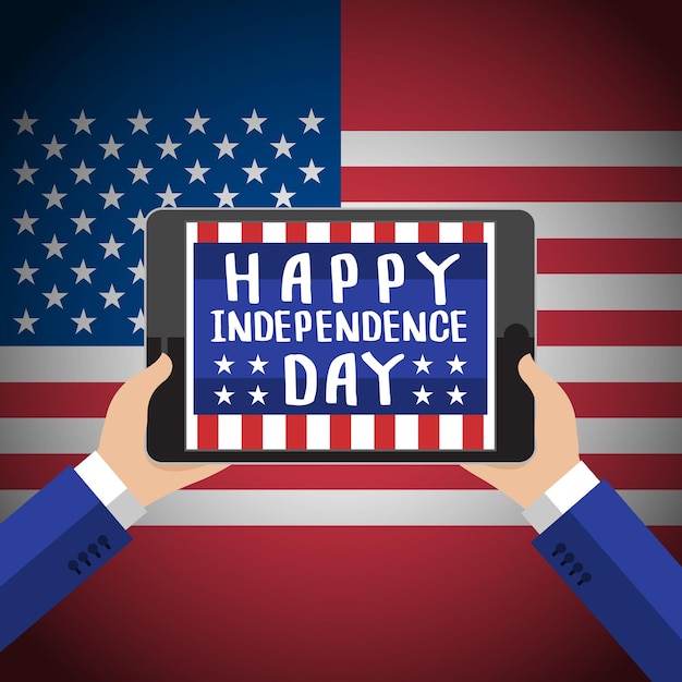 Concept of Independence day. Man hold tablet with Independence day background. Flat design, vector illustration.