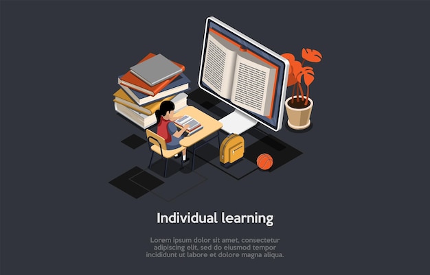 Vector concept of individual education online and offline distance elearning female character student has individual learning girl reading book sitting at desk isometric cartoon 3d vector illustration