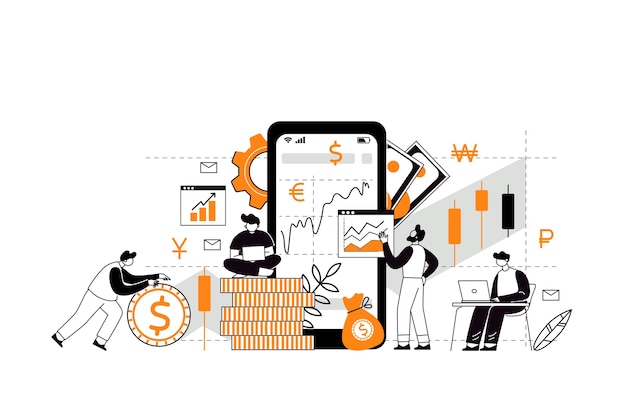 The concept of investment and income multiplying. Buying shares and funds. Investor strategy, financing concept. The characters analyze the stock market with the help of an investment broker.