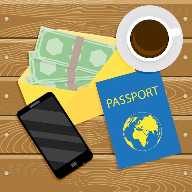 Concept of kit to travel or emigration cash with id passport top view