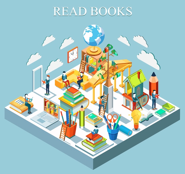 The concept of learning and reading books. Isometric flat design. .