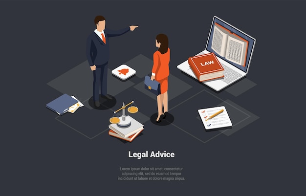 Vector concept of legal advice law education justice and equality professional lawsuits guidance lawyer or notary man refers to law signing legal contract in office isometric 3d vector illustration