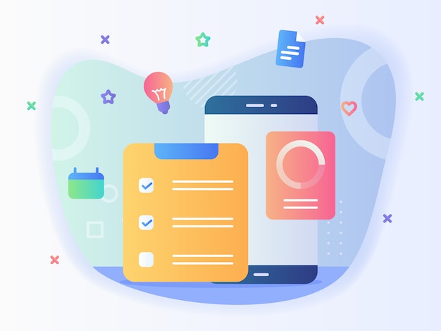 Concept of to do list task done check list calendar smartphone with flat style.