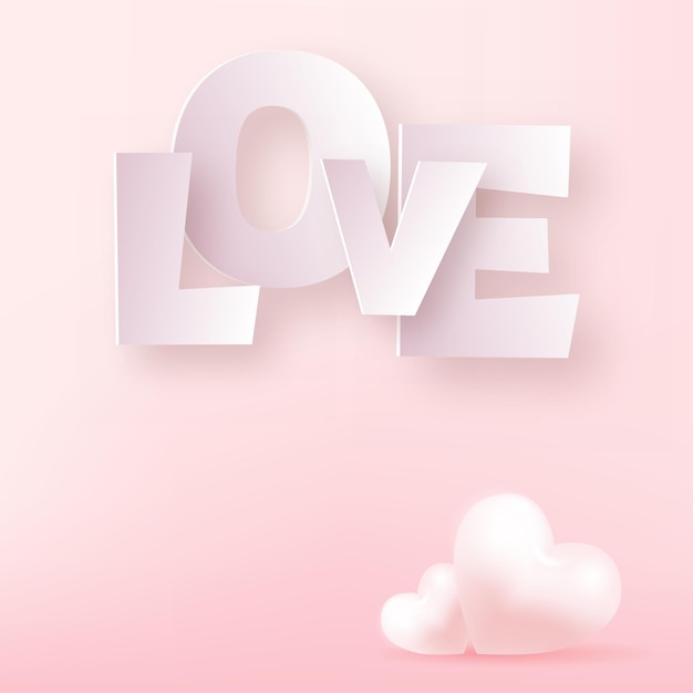 Concept of love and Valentine day with 3d pink heart and love text. Vector.