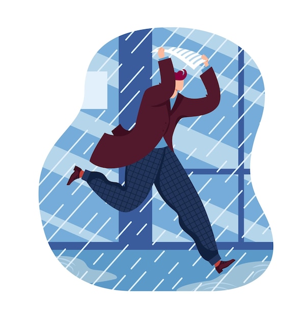 Concept man jogging rain day rainy weather wet autumn character adult person design in cartoon style vector illustration