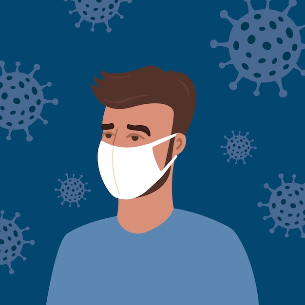 Concept of man's portrait in white protection face mask with virus. Coronavirus, covid-19.