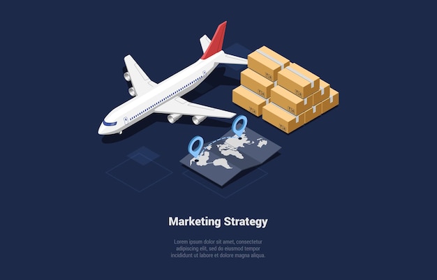 Concept Of Marketing Strategy Business Coach Analysis Content Strategy And Global Business Plane With World Map And Cargo Ways Of Big Global Business Development Isometric 3d Vector Illustration