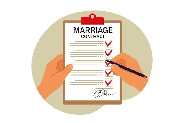 Concept marriage contract. Signing marriage contract. Vector illustration. Flat.