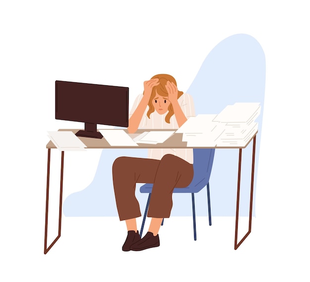 Vector concept of missing deadline and bad time management. scene of tired, fatigue, stressed woman who clutch head sitting at computer table with stacks of paper. flat vector cartoon illustration.