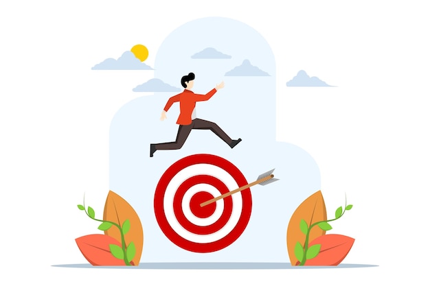 concept of mission success or victory with successful Businessman skillfully jumping arrow on target