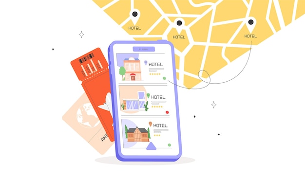 Concept of mobile search or booking of hotel On the phone screen