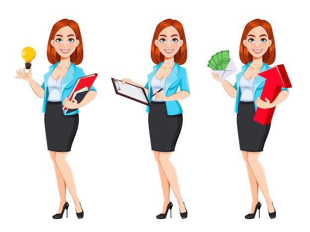 Concept of modern business woman Beautiful redhead cartoon character set of three poses