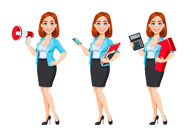 Concept of modern business woman Redhead cartoon character businesswoman set of three poses