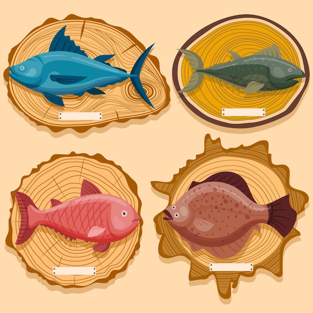 Concept ocean fish on wooden exhibition board, delicious sea minnow