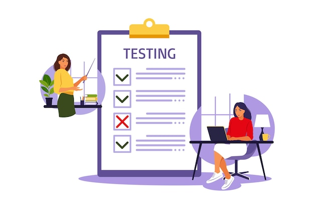 concept of online exam on internet. woman sitting near online survey