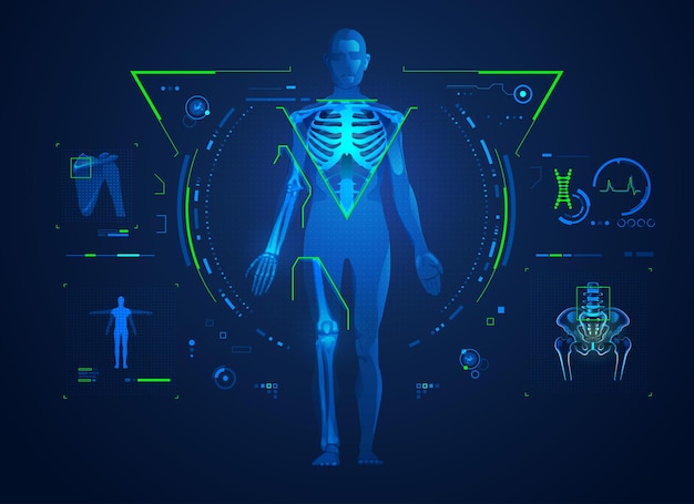 Vector concept of orthopedic technology or bones and joints medical treatment, graphic of body with x-ray interface