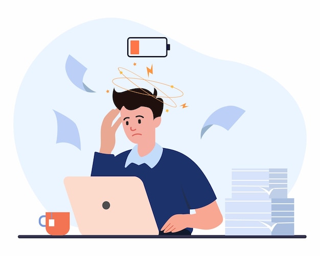 Concept of overloaded working and needs battery recharge Flat vector illustration.