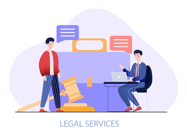 Vector concept of paralegal services man came to office of lawyer character hires notary legal aid metaphor