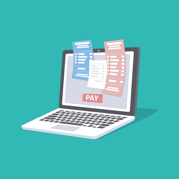 Concept of pay bills tax accounts online via computer or laptop. Online payment service. Laptop with checks and invoices on the screen. Pay button.  illustration isolated.