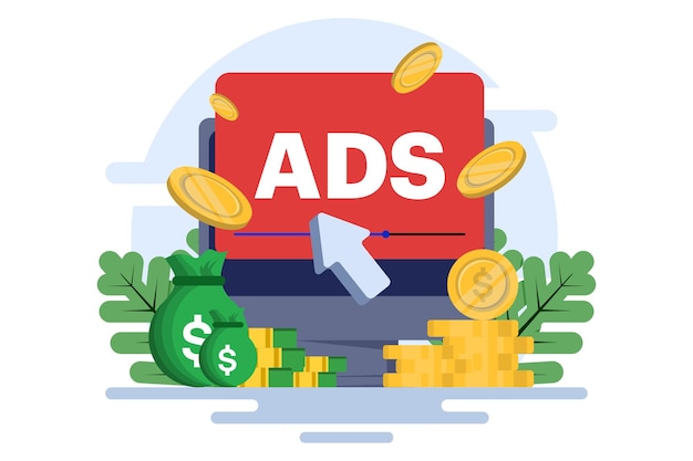 Vector concept of pay per click or ppc or paid advertising campaign displaying ads on websites