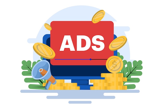 Vector concept of pay per click or ppc or paid advertising campaign displaying ads on websites