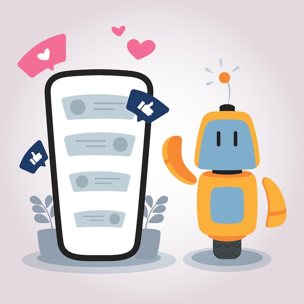 Concept phone illustration with robot assistant and chat Conversation in social media digital article and advertising