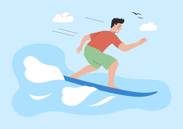 Concept of Physical Activity Healthy Lifestyle And Playing Sport Happy Guy Is Swimming On Surfboard On The Waves Professional Surfer On Surfboard Or Paddleboard Cartoon Flat Vector Illustration