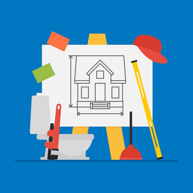 Concept Plumbing Flip Chart Wrench Toilet Plunger Level. Vector Illustration. Set Objects.