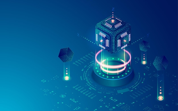 Concept of quantum computing or supercomputer, graphic of cube microchip with futuristic technology element