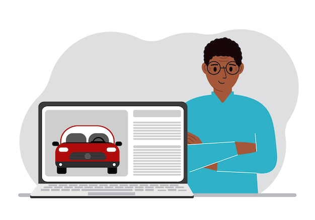 The concept of renting or buying a car A man with a laptop on which site about the car