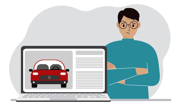 The concept of renting or buying a car A man with a laptop on which site about the car