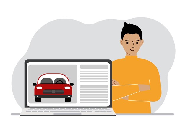 The concept of renting or buying a car A man with a laptop on which site about the car