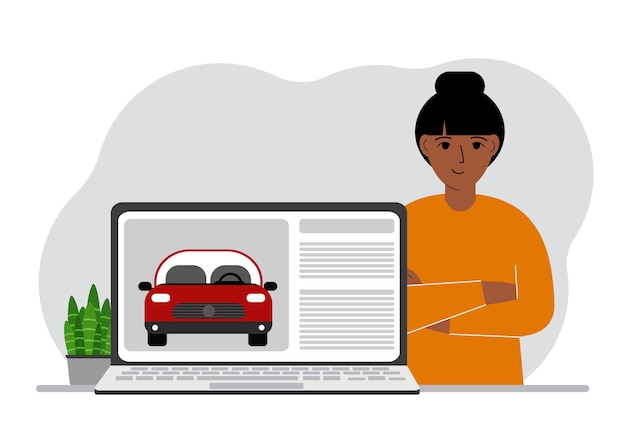 The concept of renting or buying a car A woman with a laptop on which site about the car