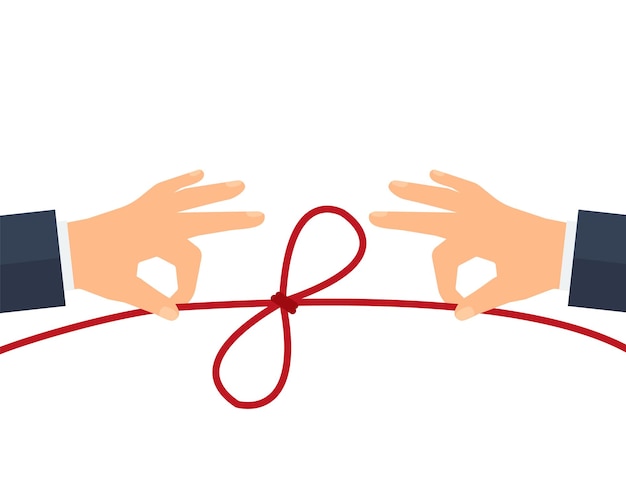 Concept of risolving problems easily Human hands pulling on strings to untie simple knots Vector illustration