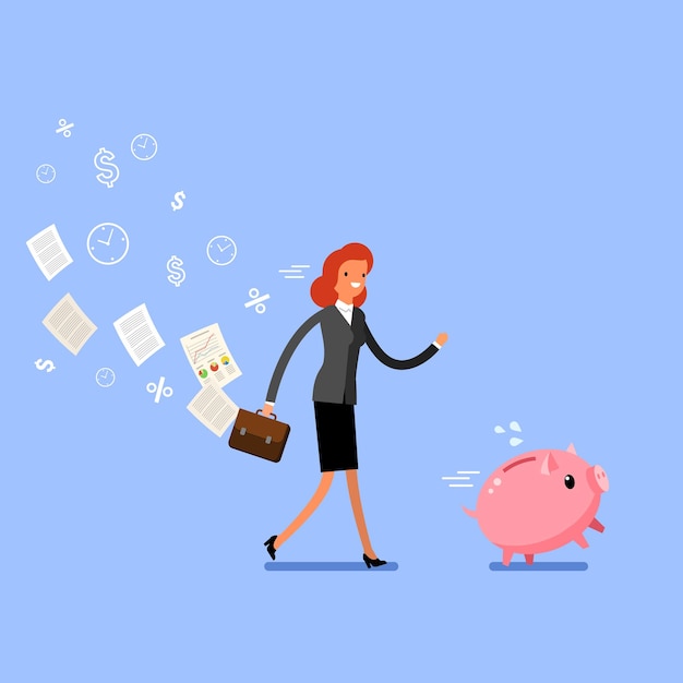 Concept of saving money. Business woman catches piggy bank. Flat design, vector illustration