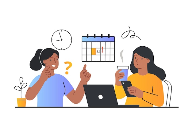 Vector concept of scheduling. young girls in office, comfortable workplace. time management and planning, goal setting, calendar and free dates. colleagues and friends. cartoon flat vector illustration