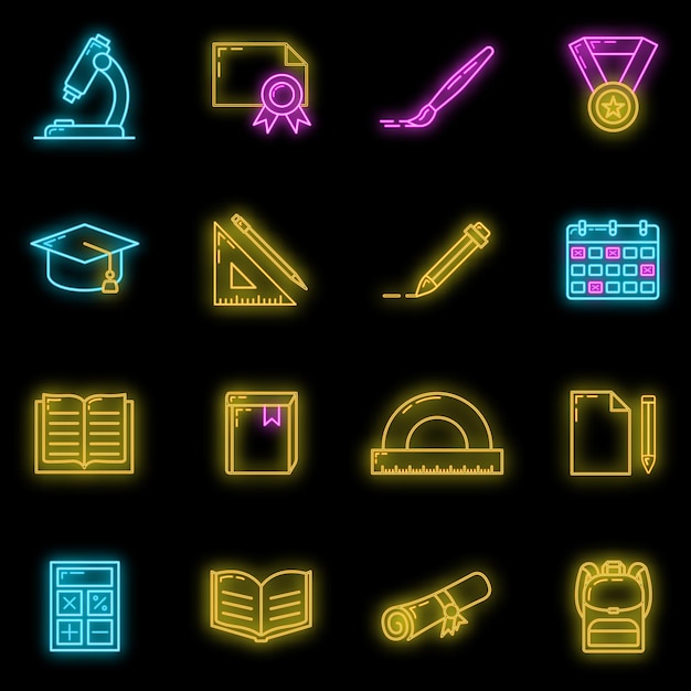 Concept set back to school neon glow icon, 16 stationery education item educational process, flat outline vector illustration, isolated on black. Scientific material symbol and training.