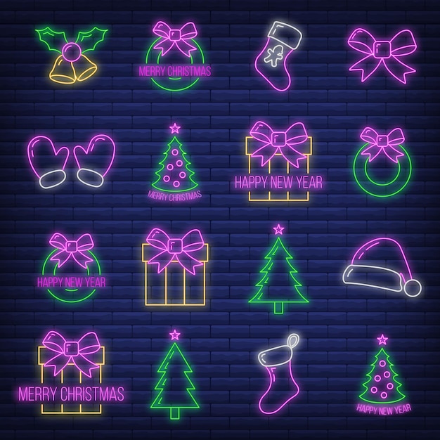 Concept set of christmas 16 icon, neon glow style, happy new year and merry christmas flat vector illustration, isolated on brick black. Xmas holiday winter time.