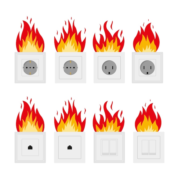 The concept of short circuit in the socket electric fire Flame from sockets in a flat style Electrical connection to overload Design isolated on white Vector