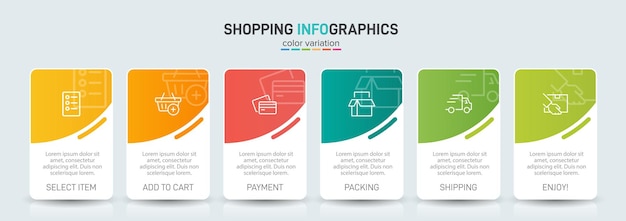 Vector concept of six colorful graphic elements shopping process with 6 successive steps