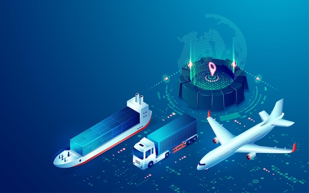 Concept of smart logisitcs graphic of futuristic device with tracking application with transportation vehicles