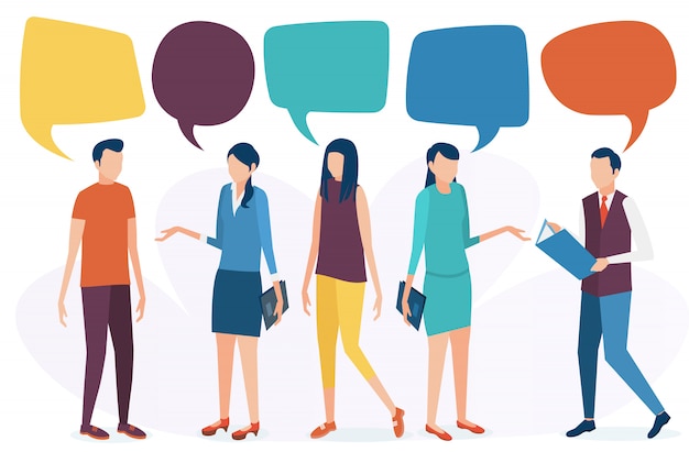 The concept of social communication. People talk, discuss, and conduct a dialogue. Social networks, chat, forum. Vector illustration in flat style.