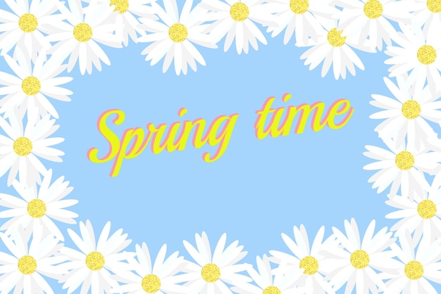 Vector concept spring time daisies frame on blue background