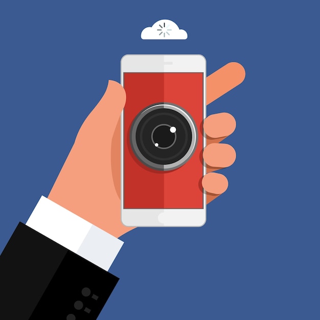 Concept of spying. Hand holding smartphone with camera eye on display. Mobile smart phone in hand on dark background. Flat design, vector illustration