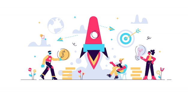 Concept startup launch of a new business for web page, banner, presentation, social media, business project start up. young emerging company illustration, rocket launch into space, thinking