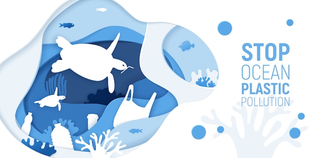 Concept of Stop Ocean Plastic Pollution. Paper cut underwater background with plastic rubbish, turtles and coral reefs.