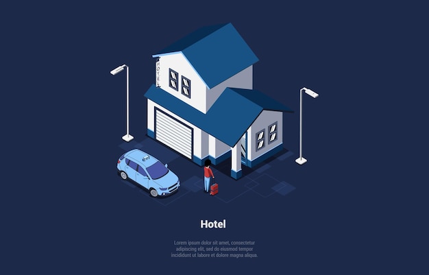 Concept Of Summer Vacations And Business Trips Character With Luggage Ready To Check In The Hotel Businessman Got Out of The Taxi At The Hotel Small Family Hotel Isometric 3d Vector Illustration